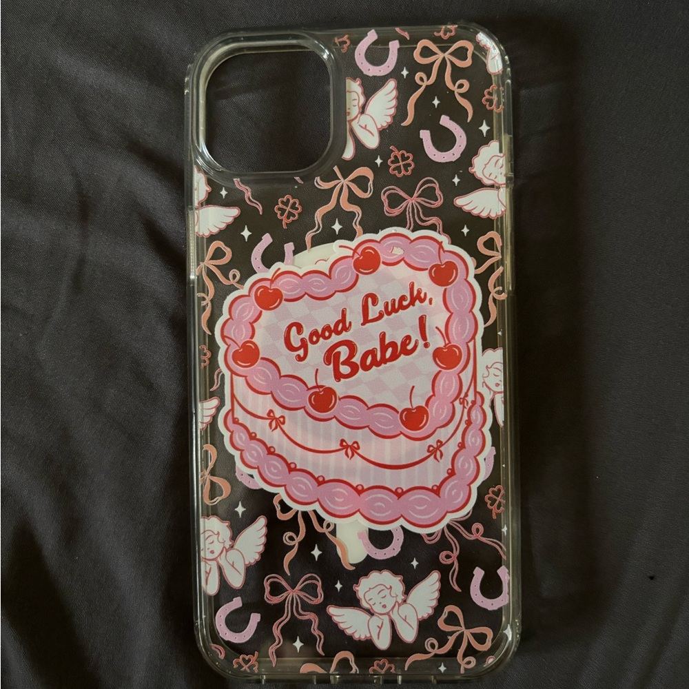 Decorative iPhone 14/15 Plus Case with Heart Design - Black and Pink